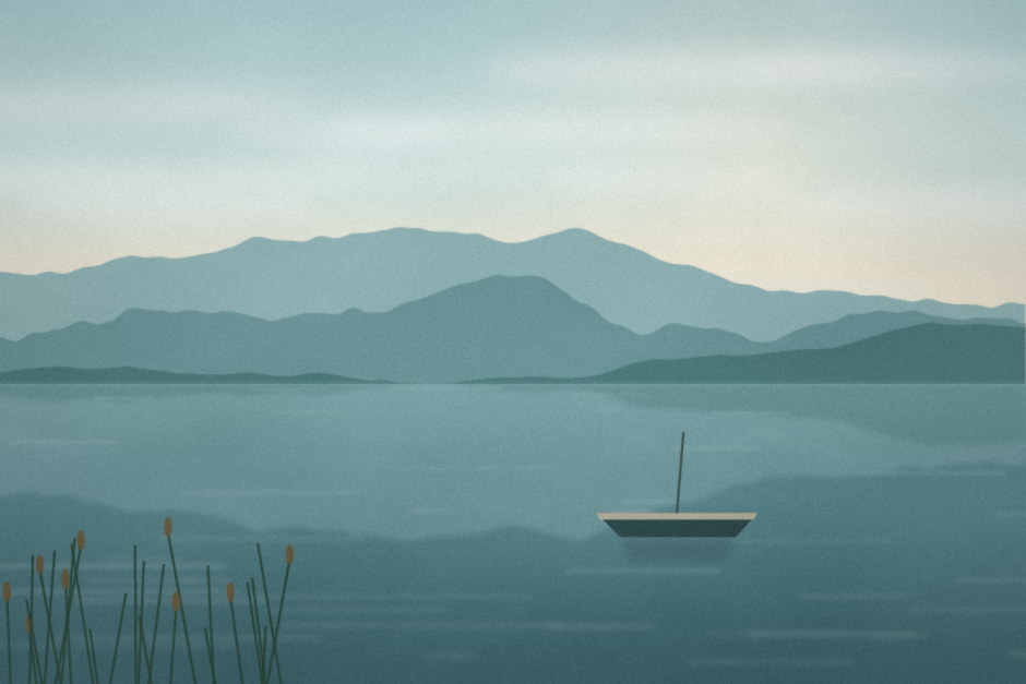 A still lake reflecting distant hills, with reeds and a moored rowing boat.