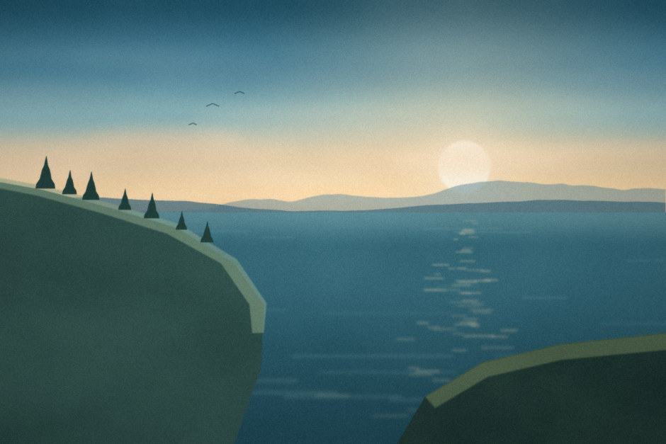Coastal cliffs and pine trees above a calm sea at sunset.