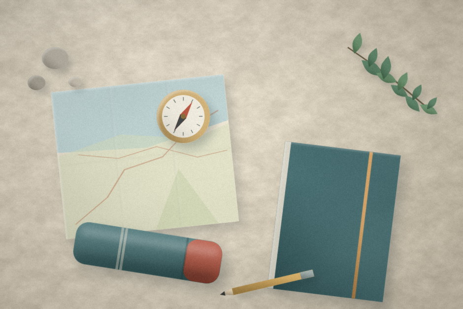 A folded map, compass, flask, notebook, and pencil laid out for a day walk.