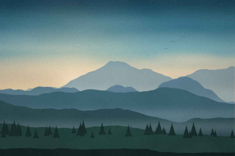 Layered mountain ridges at dawn above a belt of pine trees.