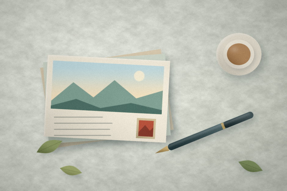 Postcards, a fountain pen, a cup of tea, and pressed leaves on a linen surface.