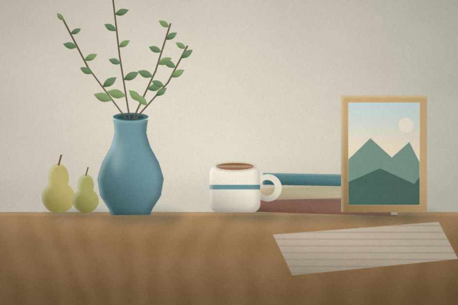 Still life with a ceramic vase of leafy branches, pears, a mug, and books on a wooden table.